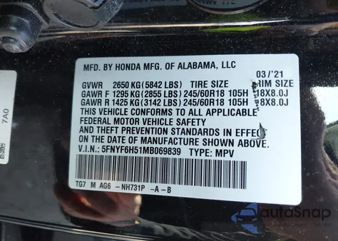 2021 Honda Pilot Awd Ex-L from USA, damaged, VIN 5FNYF6H51MB069839